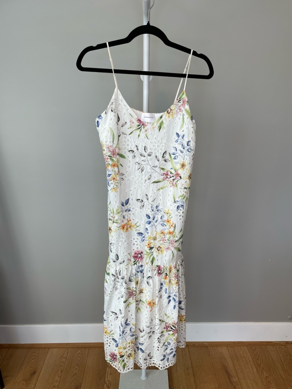 Lavender Brown White Floral Eyelet Spring Midi Dress - Small